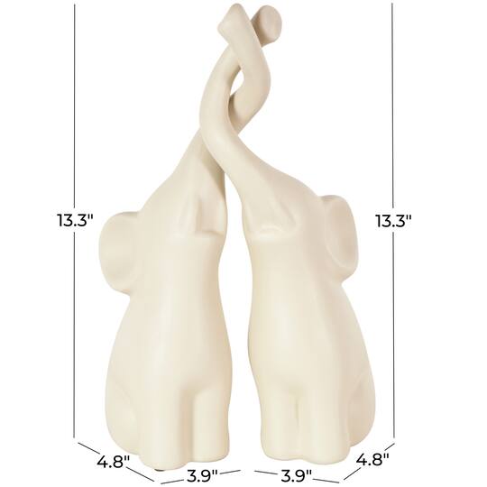 13" Cream Ceramic Elephant Decorative Sculpture with Raised Trunks, 2ct.
